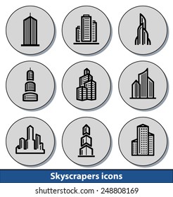 Set of light skyscrapers icons with reflection line and thin lines