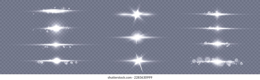 Set Light sources, concert lighting, stage spotlights. Star, bright sun. Spotlight beam, illuminated spotlights for web design and projection studio lights, concert club stage lighting.Vector