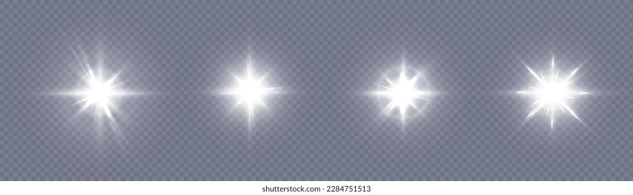 Set Light sources, concert lighting, stage spotlights. Star, bright sun. Spotlight beam, illuminated spotlights for web design and projection studio lights, concert club stage lighting.Vector