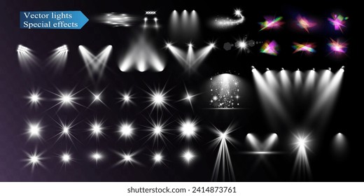 Set of light spotlight effects.Lens flare, explosion,sparkle, dust,line,solar flare, spark and stars.	