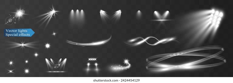 Set of light spotlight effects.Lens flare, explosion,sparkle, dust,line,solar flare, spark and stars.	