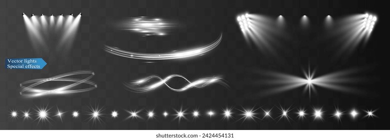 Set of light spotlight effects.Lens flare, explosion,sparkle, dust,line,solar flare, spark and stars.	