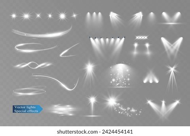 Set of light spotlight effects.Lens flare, explosion,sparkle, dust,line,solar flare, spark and stars.	