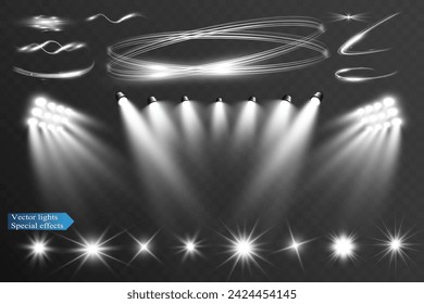 Conjunto de efectos de foco de luz. Destello de lente, explosión, brillo, polvo, línea, destello solar, chispa y estrellas.	