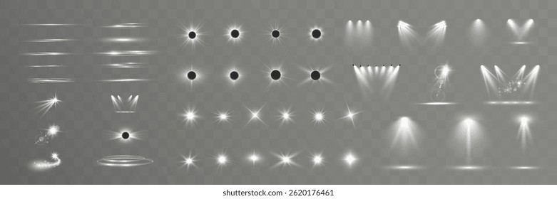 Set of light spotlight effects.Lens flare, explosion,sparkle, dust,line,solar flare, spark and stars.	