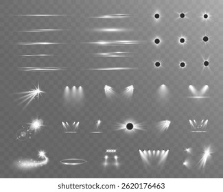 Conjunto de efeitos de luz de holofote. Lente chama, explosão, faísca, poeira, linha, explosão solar, faísca e estrelas.	
