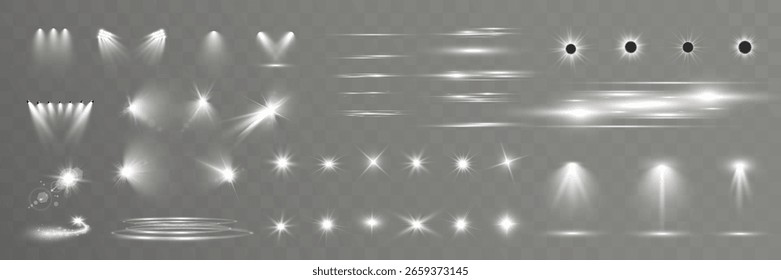 Set of light spotlight effects.Lens flare, explosion,sparkle, dust,line,solar flare, spark and stars.