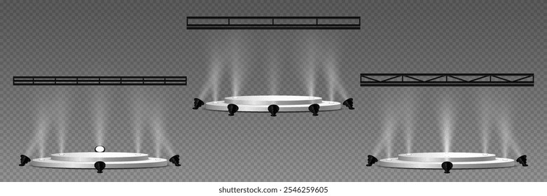 Set of light spotlights, stage and podium effect. On a transparent background.