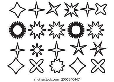 A set of light, star and flame icon illustrations with twinkle twinkle light effect.