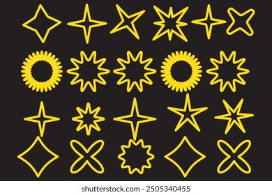 A set of light, star and flame icon illustrations with twinkle twinkle light effect.