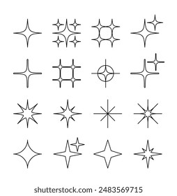 A set of light, star, shine, bright, spark, illuminated line icon illustrations with twinkle effect.