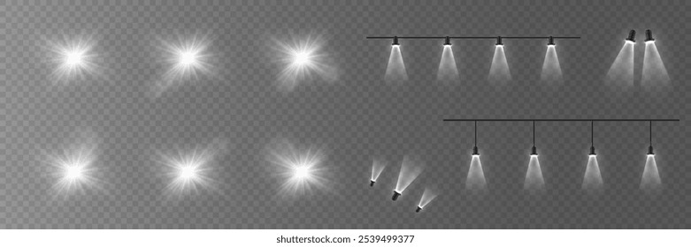 Set of light stars and flare, light spotlights, podium light. On a transparent background.