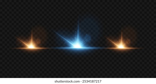 Set of light stars and flares. Bright light flashes, line light, bokeh, laser beams. On a transparent background.