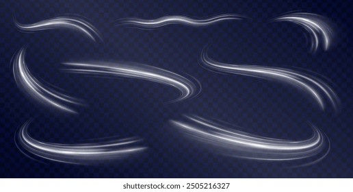 Set of light trail lines, fire trail waves and glow curve curls.  Imitation of the exit of cold air from the air conditioner. 