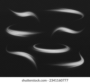 Set of light trails or neon lines swirl glittering effect. Abstract light speed motion effect.