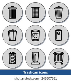 Set of light trashcan icons with reflection line and thin lines