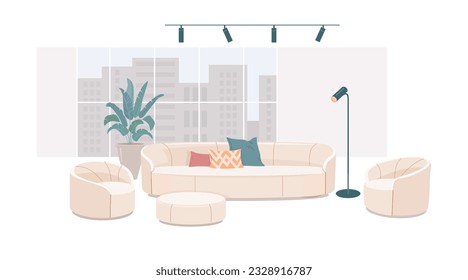 Set of light upholstered furniture with floor lamp, potted plant against background of large window overlooking high-rise buildings of modern city. Vector illustration of sofa, two armchairs, ottoman.