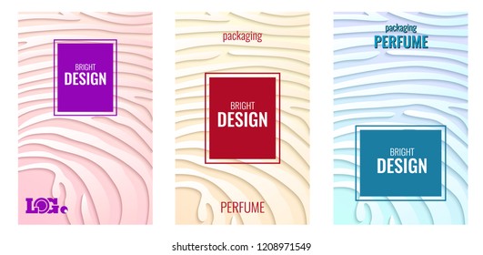 Set light vertical abstract background for perfume. Paper strips on light blue, pink, yellow backdrop. Modern background for packagings. Vector illustration.