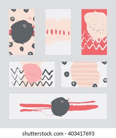 Set of light vertical and horizontal business cards, graphic, handdrawn with liquid ink dye. Vector illustration with isolated on background blob brush smears, based on stripes, circles and splashes.