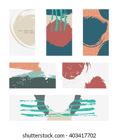 Set of light vertical and horizontal business cards, graphic, handdrawn with liquid ink dye. Vector illustration with isolated on background blob brush smears, based on stripes, circles and splashes.