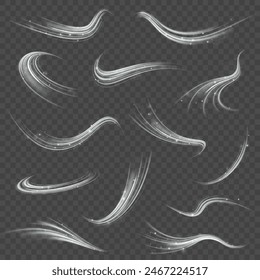Set of light waves, fire trace lines and heating curve rotation. Racing cars dynamic flash effects city road with long exposure. Speed connection background.