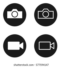 Set of light white full and outline camera and video camera icons buttons on dark grey gray circles on a white background flat design minimalist vector illustration