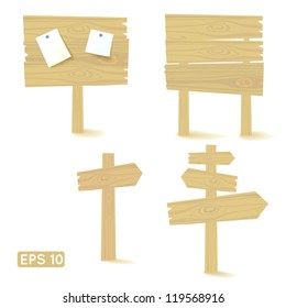 Set of light wooden signs and billboards with paper advert isolated on a white background