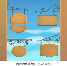 Set of light wooden signs mounted to the wall cartoon vector illustration. Hanging on metal chains farm banners collection