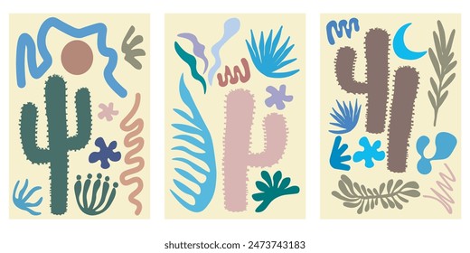 Set of light yellow frames with colorful abstract figures with cactus and leaves.