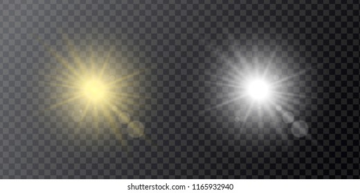 Set of light yellow and white effect reflector, star or sunlight with light rays, isolated on a transparent background - vector