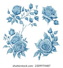 Set of Lightblue Rose Flower Arrangement Watercolor Illustration.