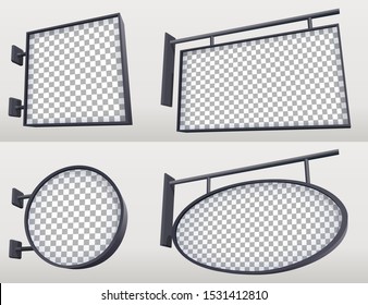 Set of lightboxes for outdoor advertise. Circle and square sign mockup for cafe, restaurant. 3D realistic blank hanging signs. Eps10 vector