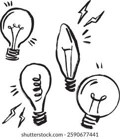 set of lightbulb hand drawn illustrations, textured doodles
