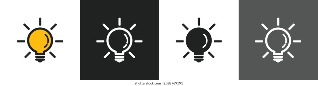 Set of Lightbulb icon on light background. Idea symbol. Electric lamp, light, innovation, solution, creative thinking, electricity. Outline, flat and colored style.