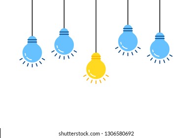set of lightbulb with one unique idea. concept of think outside the box or fun fact and shiny lamp on wire like discovery. flat cartoon graphic art minimal abstract design isolated on white background