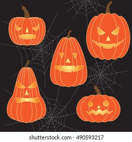 Set of lightened pumpkin faces. Halloween pumpkin faces collection on spider web background. Vector illustration