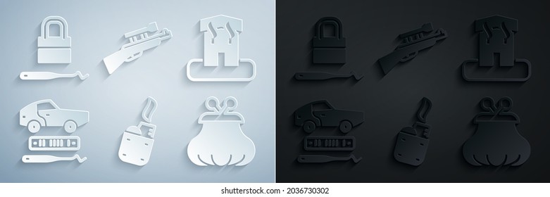 Encender, incendiar la casa, robar el coche, Cartera, rifle de francotirador con alcance y Bloquear las escotillas para el icono de recolección de cerraduras. Vector