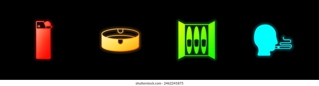Set Encendedor, Cenicero, Cigarro y Hombre fumando icono de cigarrillo. Vector