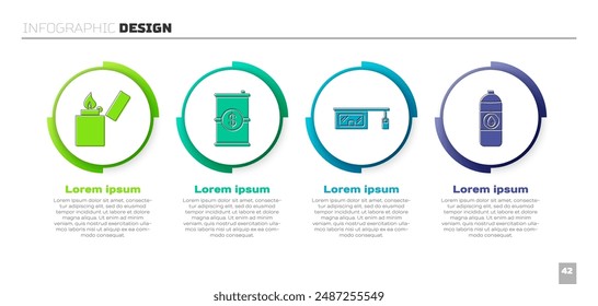 Set más ligero, aceite de barril con dólar, estación de llenado de gas y recipiente para aceite de máquina de motor. Plantilla de infografía de negocios. Vector