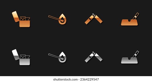 Set Lighter, Burning match with fire, Broken cigarette and Ashtray icon. Vector