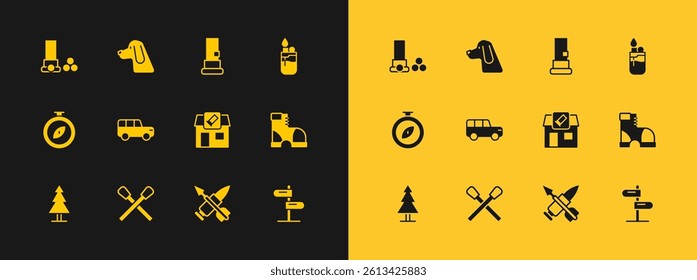 Set Lighter, Burning match with fire, Hunting shop, Crossed bullet arrow, Safari car, Cartridges,  and dog icon. Vector
