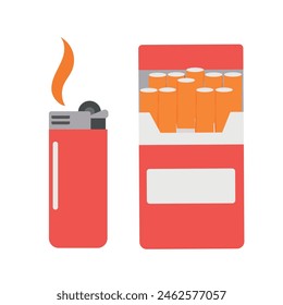 Set of lighter burning with an open pack of cigarettes. Vector flat illustration of tobacco products icons.