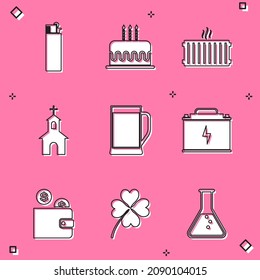 Set Lighter, Cake with burning candles, Heating radiator, Church building, Glass of beer and Car battery icon. Vector