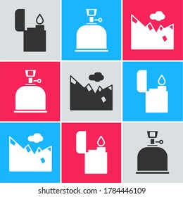 Set Lighter, Camping gas stove and Mountains icon. Vector