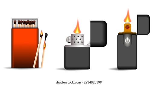 set of lighter cigarette with fire
