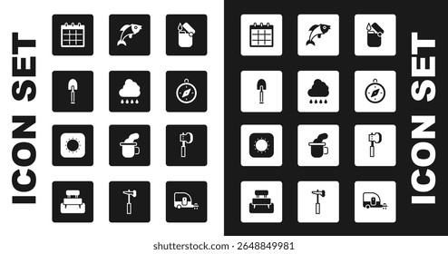 Set Lighter, Cloud with rain, Shovel, Calendar, Compass, Fish, Wooden axe and Sun icon. Vector