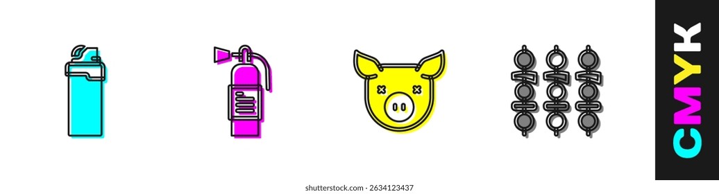 Set Lighter, Fire extinguisher, Pig and Grilled shish kebab icon. Vector