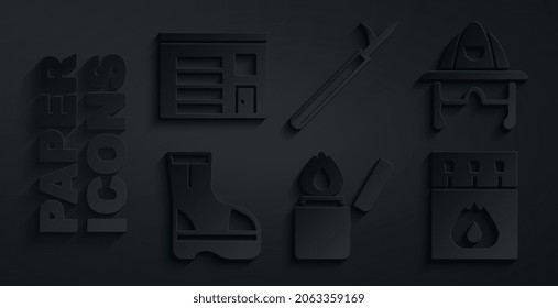 Set Lighter, Firefighter helmet, boots, Matchbox and matches, Metal pike pole and Building of fire station icon. Vector