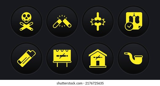 Set Lighter, Lungs-Röntgendiagnostik, Kein Rauchen, zu Hause, Gelenkschmerzen, Knie Schmerzen, gebrochene Zigarette, Pfeife und Knochen und Schädelsymbol. Vektorgrafik