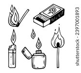 Set lighter match sketch. Making a fire. Hand drawn illustration.